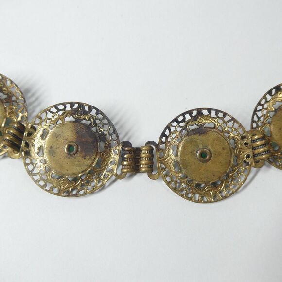 Metal Flower Link Belt w/ Carved Green Glass 26" Small Vintage Victorian - Picture 9 of 13